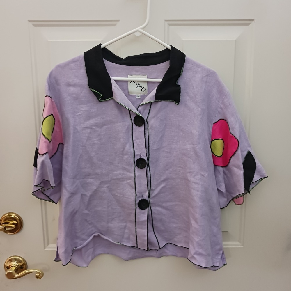 Xiao 100% Linen Purple Floral Applique Button Up Top Large Art To Wear USA Made